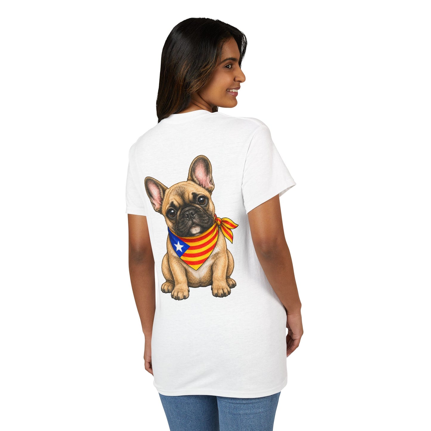 French Bulldog Puppy T‑Shirt — Cute Pup with Catalan Flag Bandana Back Print